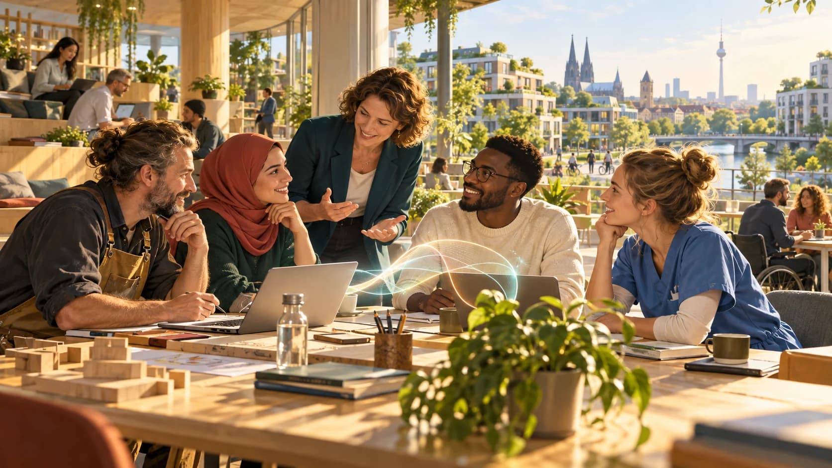 Menschen verschiedener Berufsbereiche lernen gemeinsam an einem Tisch in einem hellen Zukunftsraum.