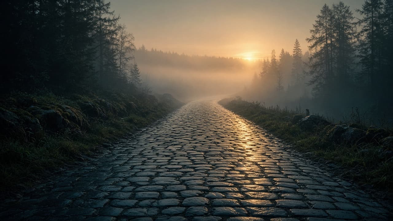Ein Pflasterweg führt durch einen nebligen Herbstwald auf die aufgehende Sonne zu